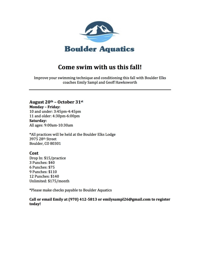 Boulder Aquatics fall swimming flyer